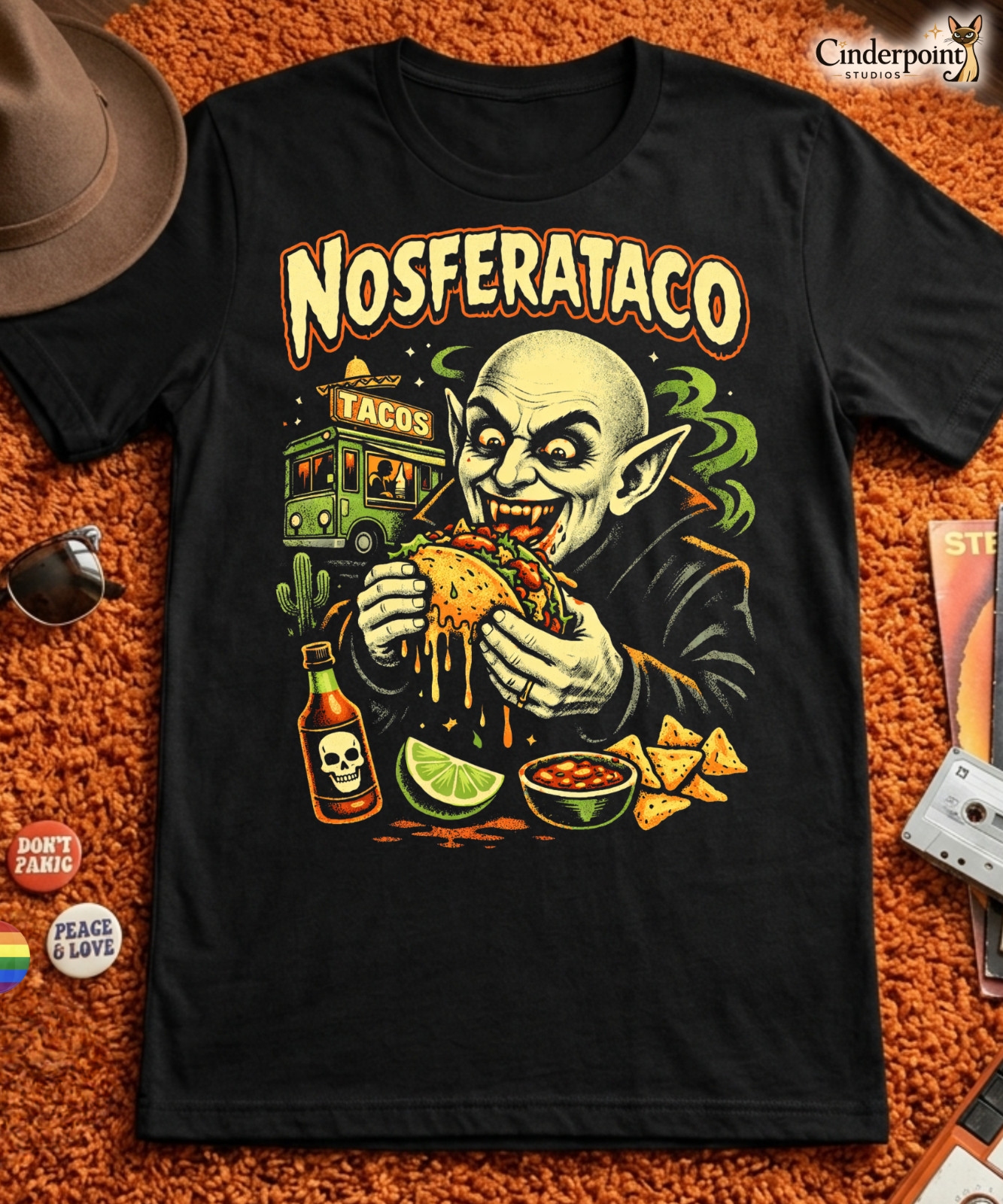 Nosferataco T-Shirt – Funny Nosferatu Vampire Horror Campy Taco Lovers Tee XS-5X