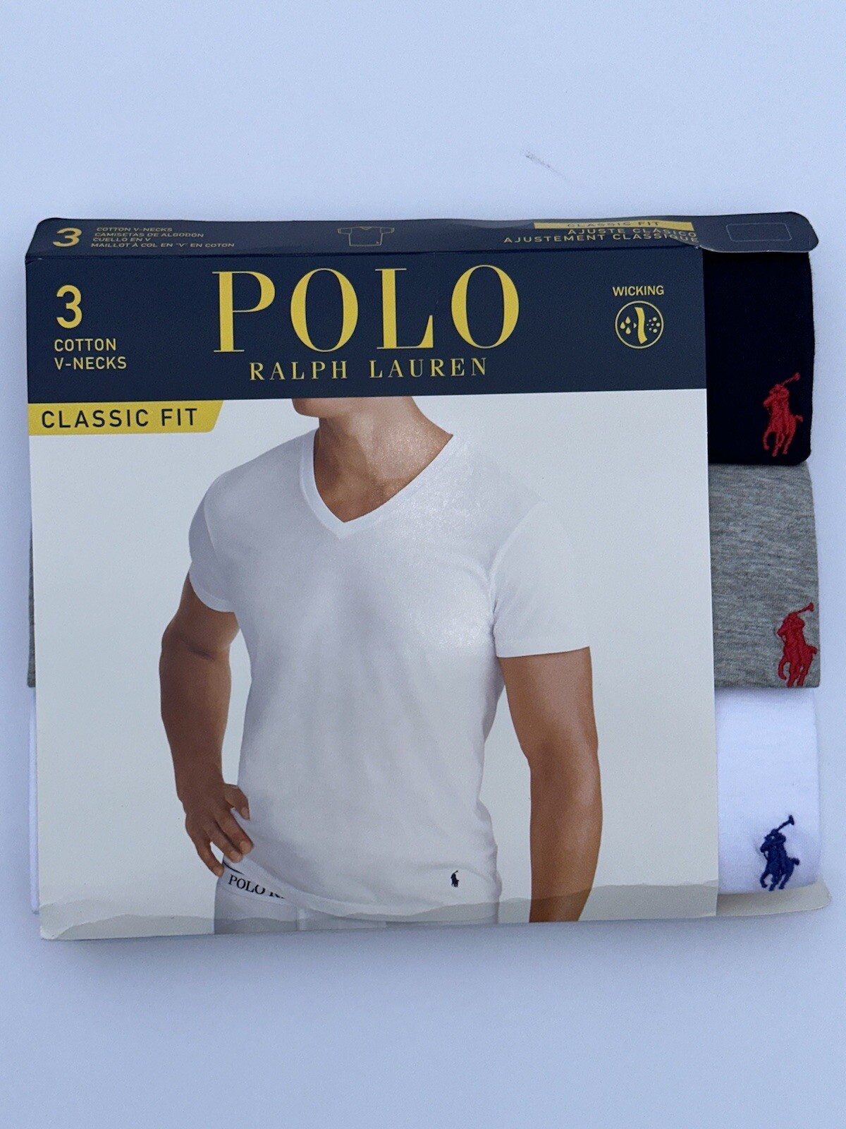 Polo Ralph Lauren Men’s Navy-Gray-White Classic Fit V-Neck Shirt 3 Pack Medium