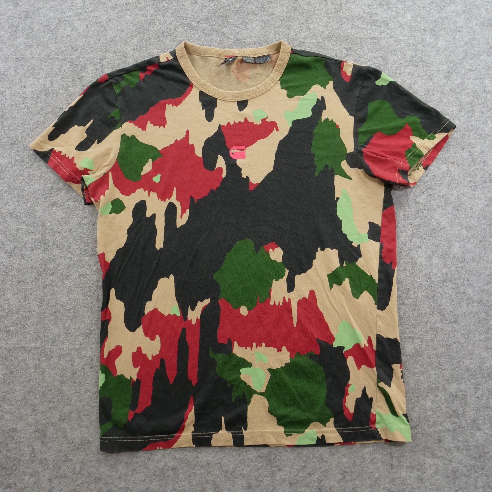 G Star Raw Shirt Mens Mens Green Beige Camo Graphic Print Crew Neck Short Sleeve
