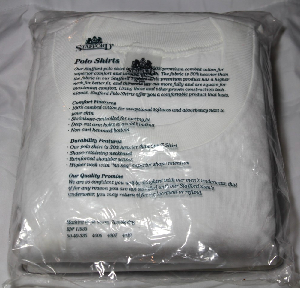 Stafford Polo Mens Heavyweight 3 Pack Crew Neck Cotton Shirts White XL NOS Vtg