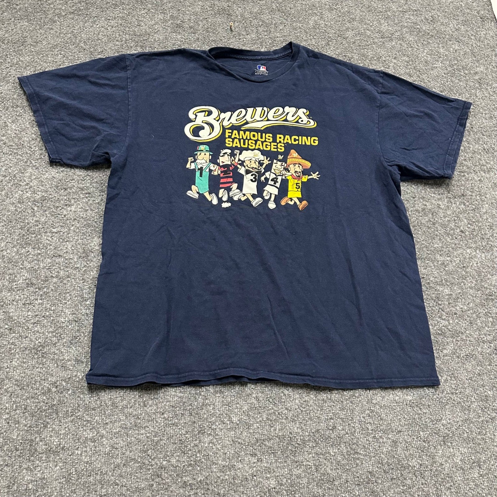 MLB Genuine Merchandise T-Shirt Mens 2XL Navy Brewers Famous Racing Sausages Tee