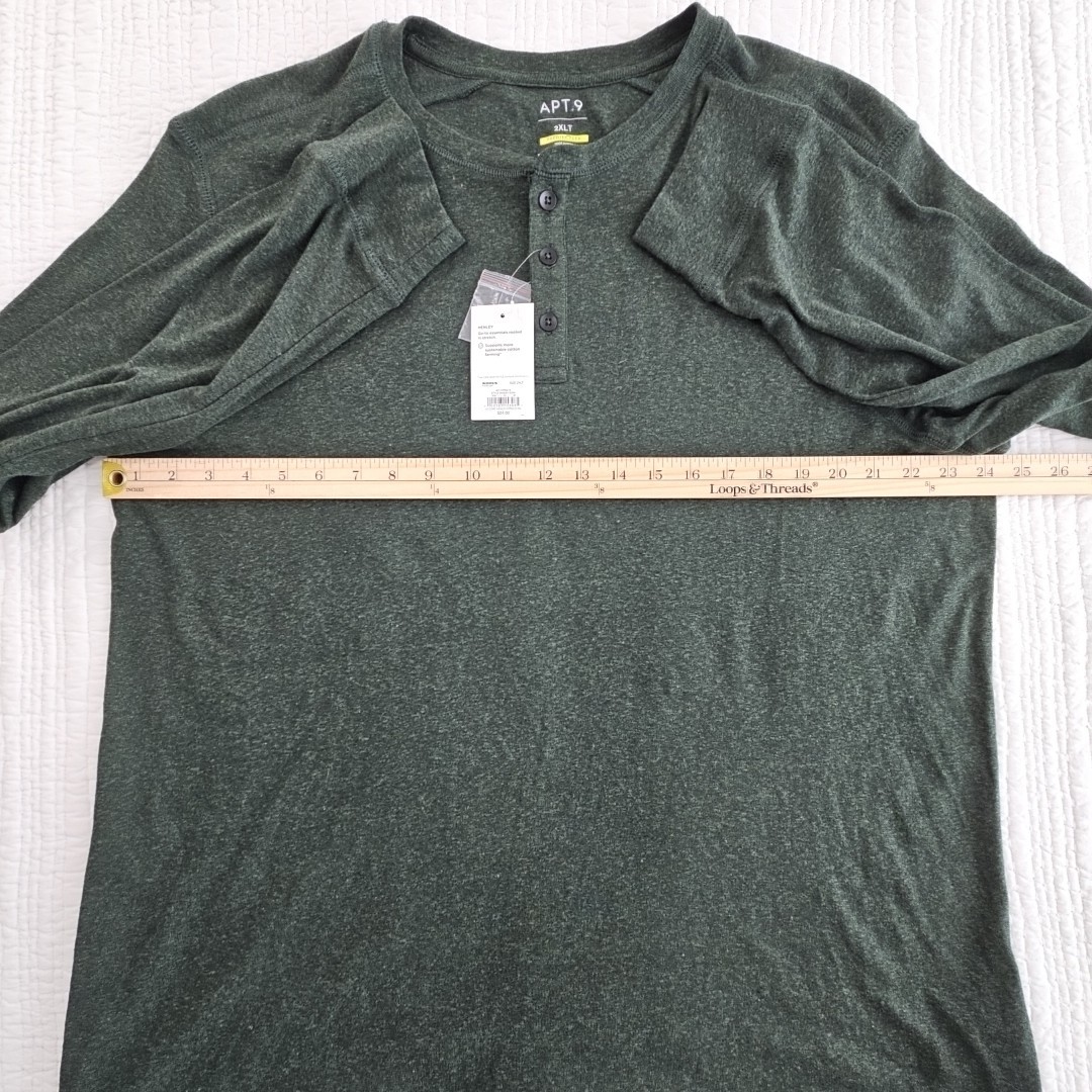 APT 9 Premier Flex Henley Men’s 2XLT Hunter Green Long Sleeve NEW Stretch NWT