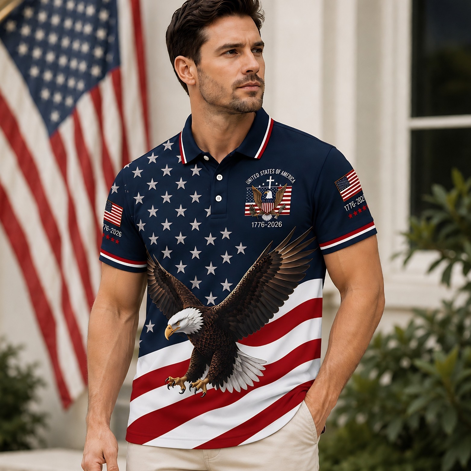 250 Years Bald Eagle US Flag Golf Polo, Patriotic 4th Of July Shirt (S-5XL)