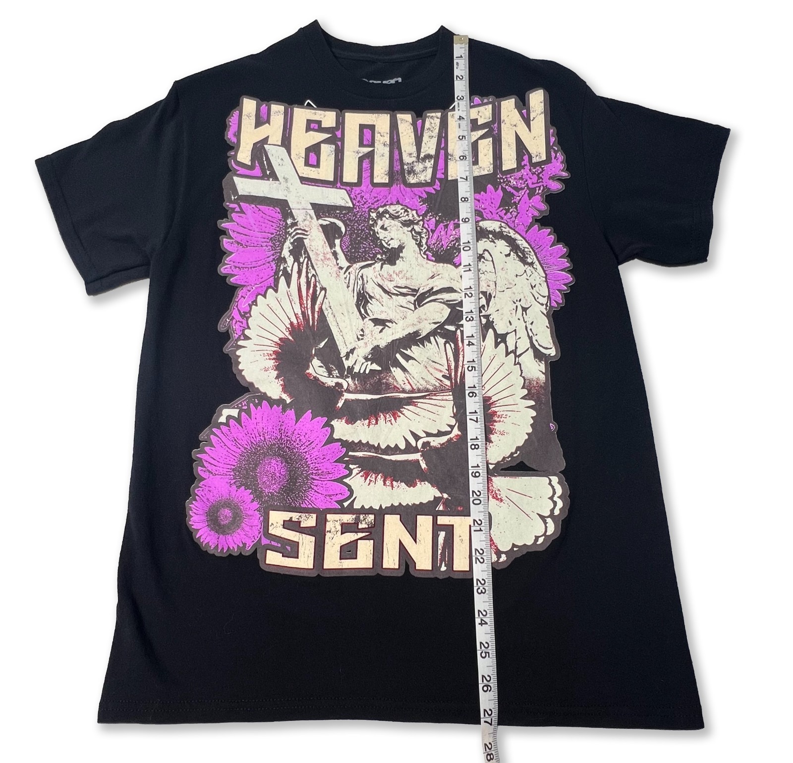 Heaven Sent Graphic T Shirt Small Black Angel Cross Floral Tee Gothic
