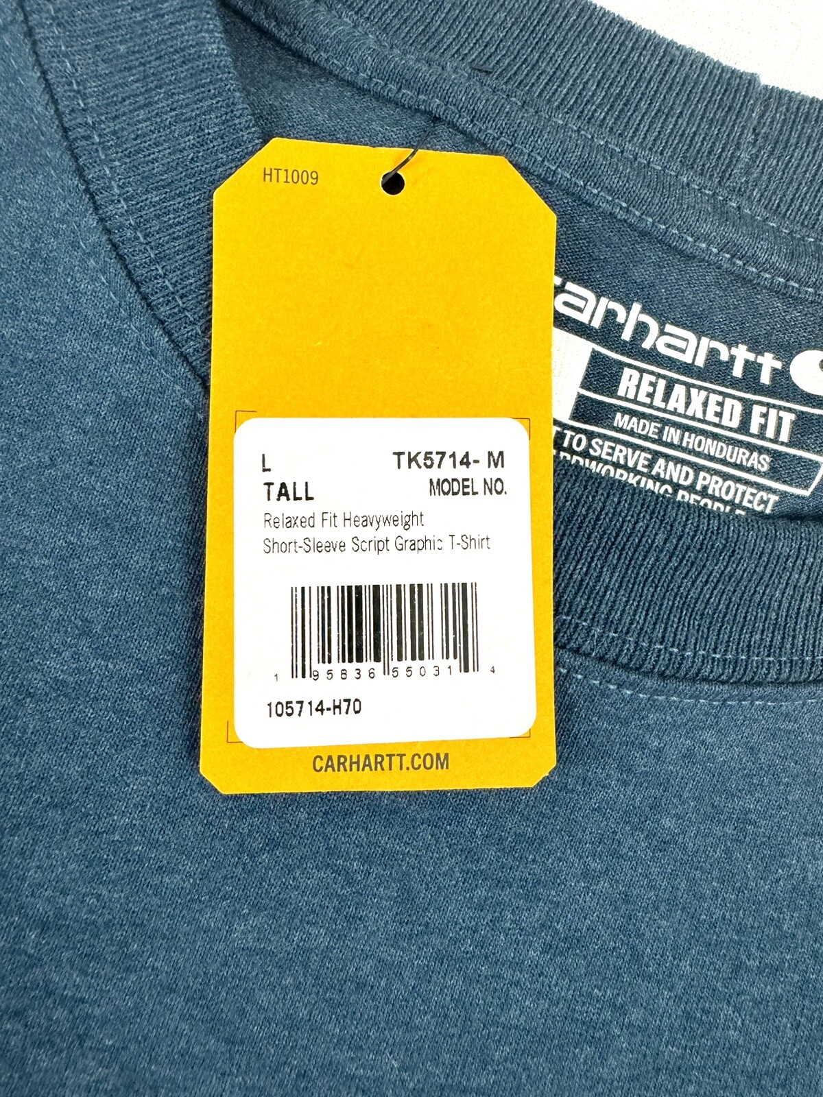 Carhartt Men’s Tshirt Short Sleeve Navy Heather Gold Script Logo Size Large Tall