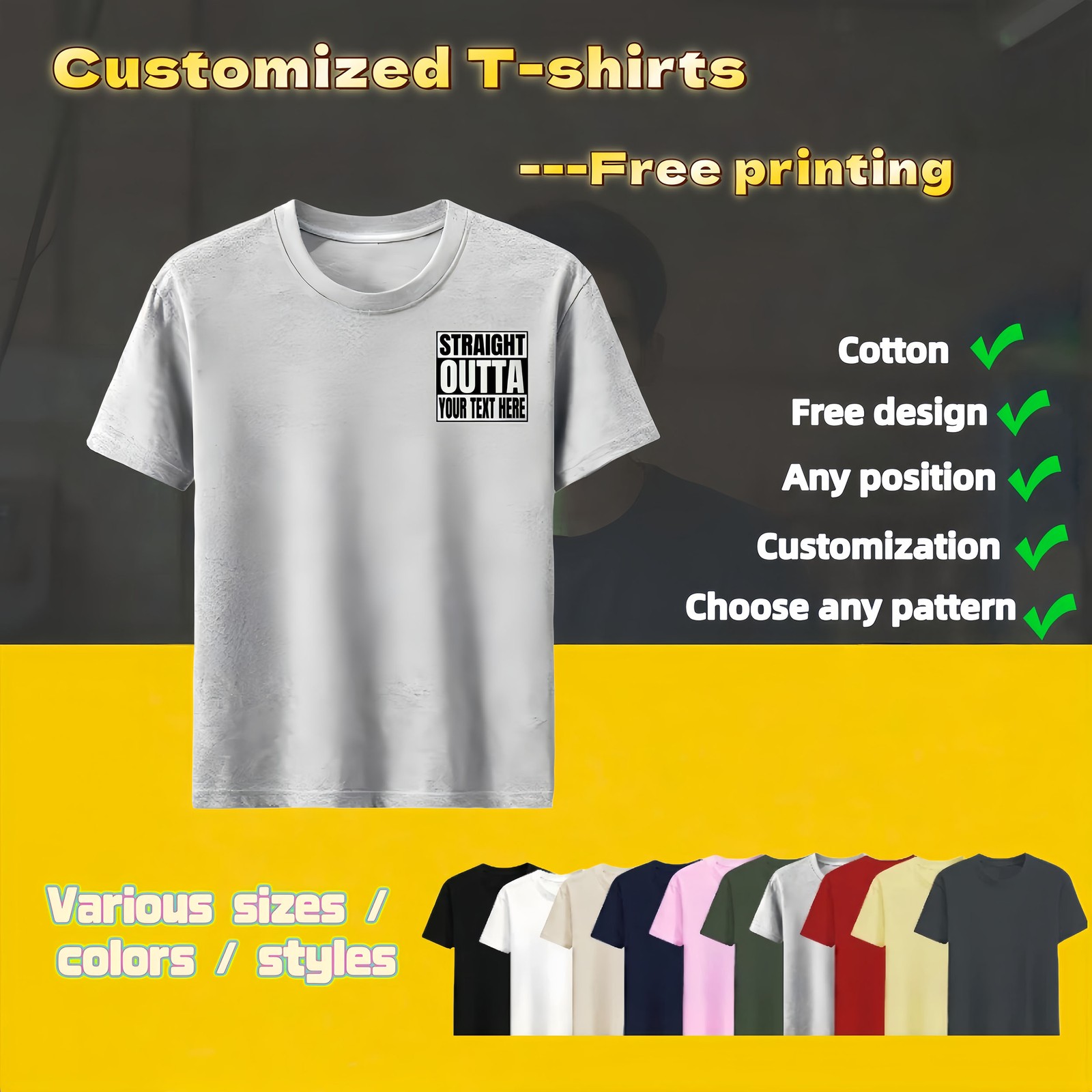 Personalized T-shirts, customizable with your text,photos or logo made of cotton