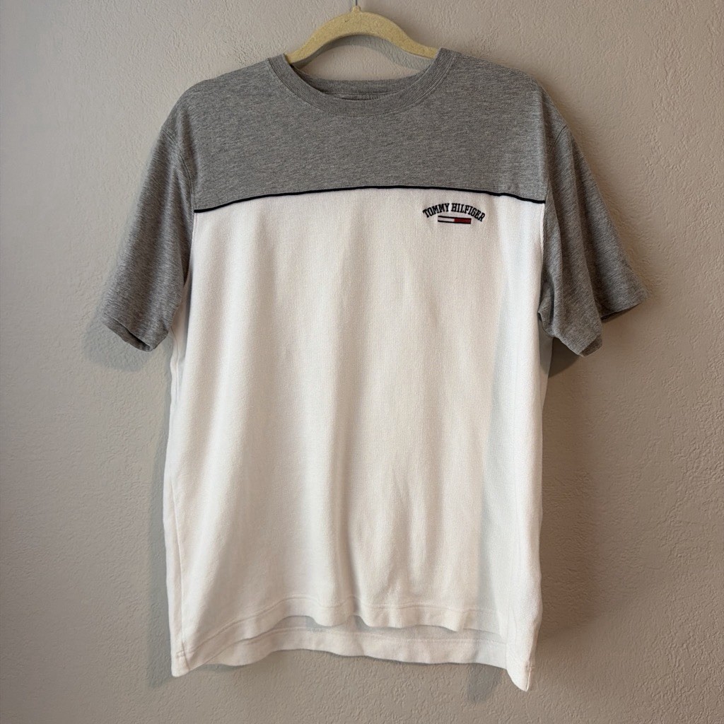 Vintage Y2K Tommy Hilfiger White Gray Shirt Cotton M Nautical Preppy Coastal Men