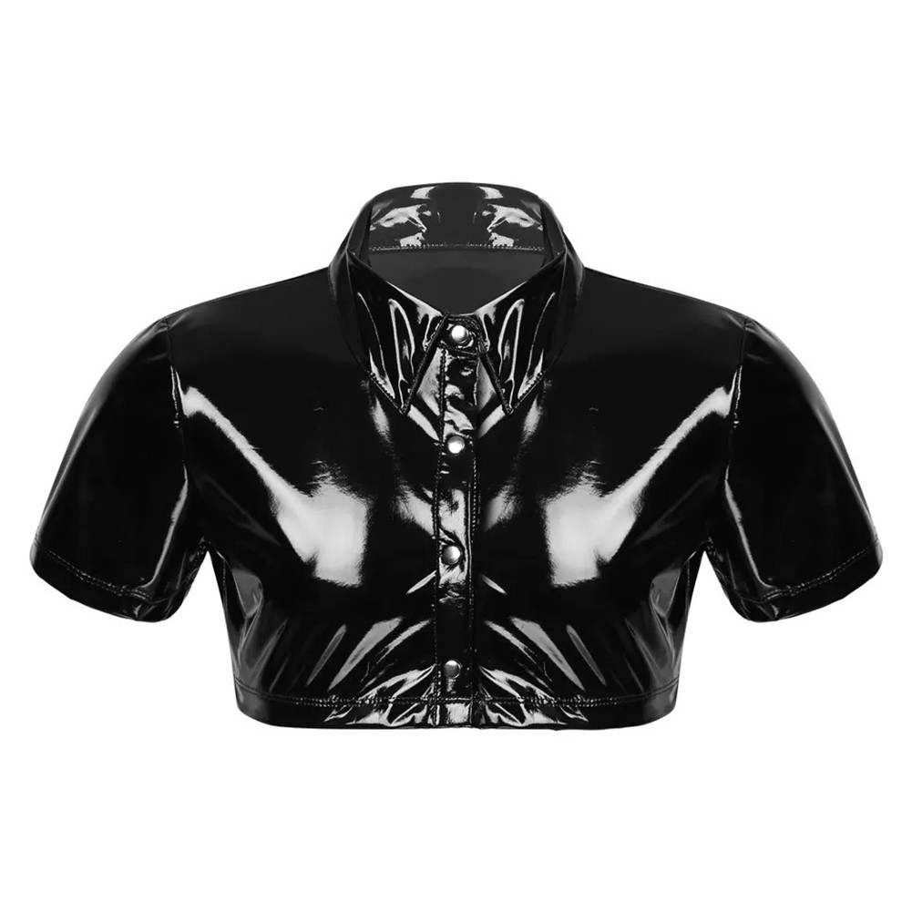 Summer Crop Tops All Seasons Black Wet Look Breathable Casual M-3XL PU