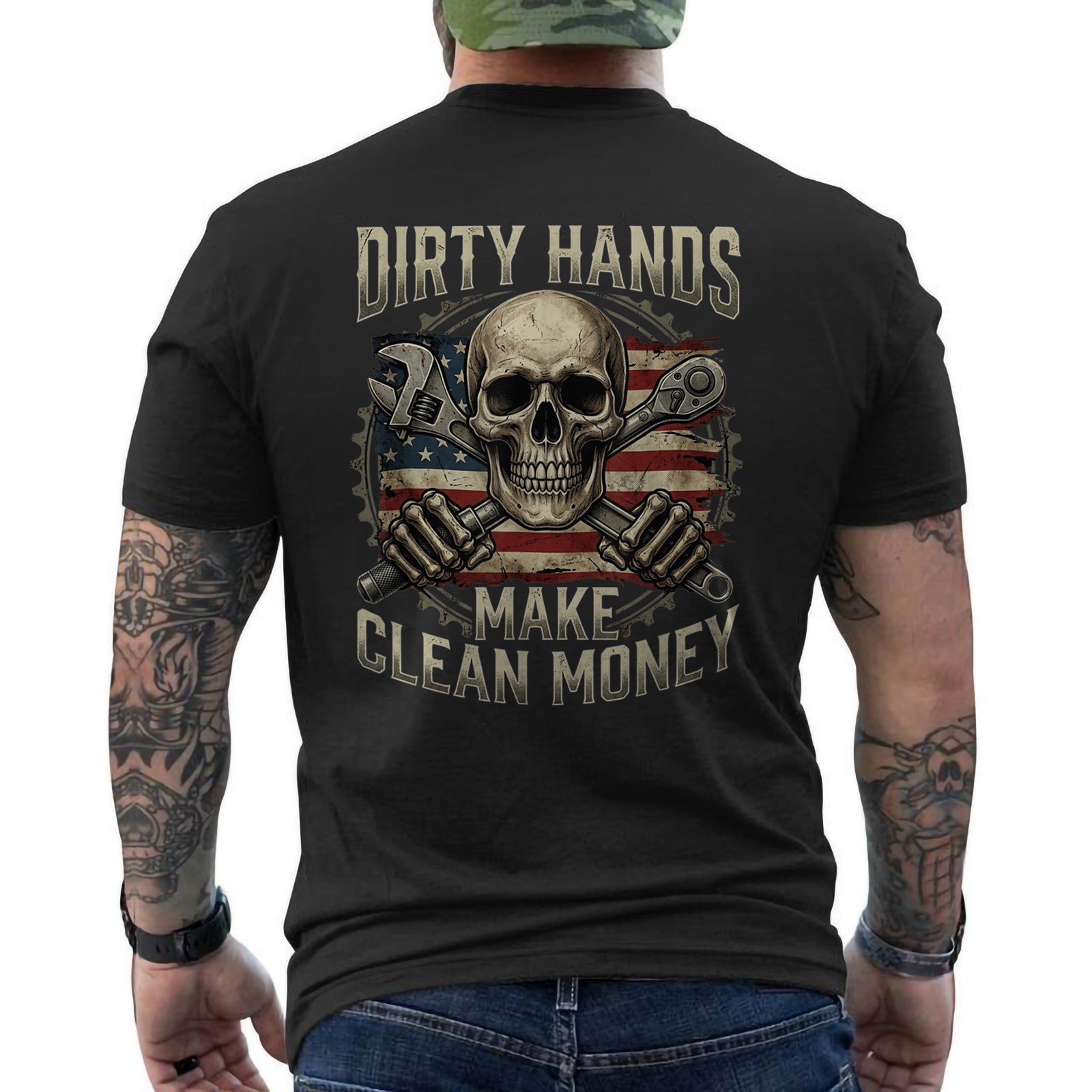 Dirty Hands Make Clean-Money Vintage Mechanic Us Flag ON BACK T-Shirt