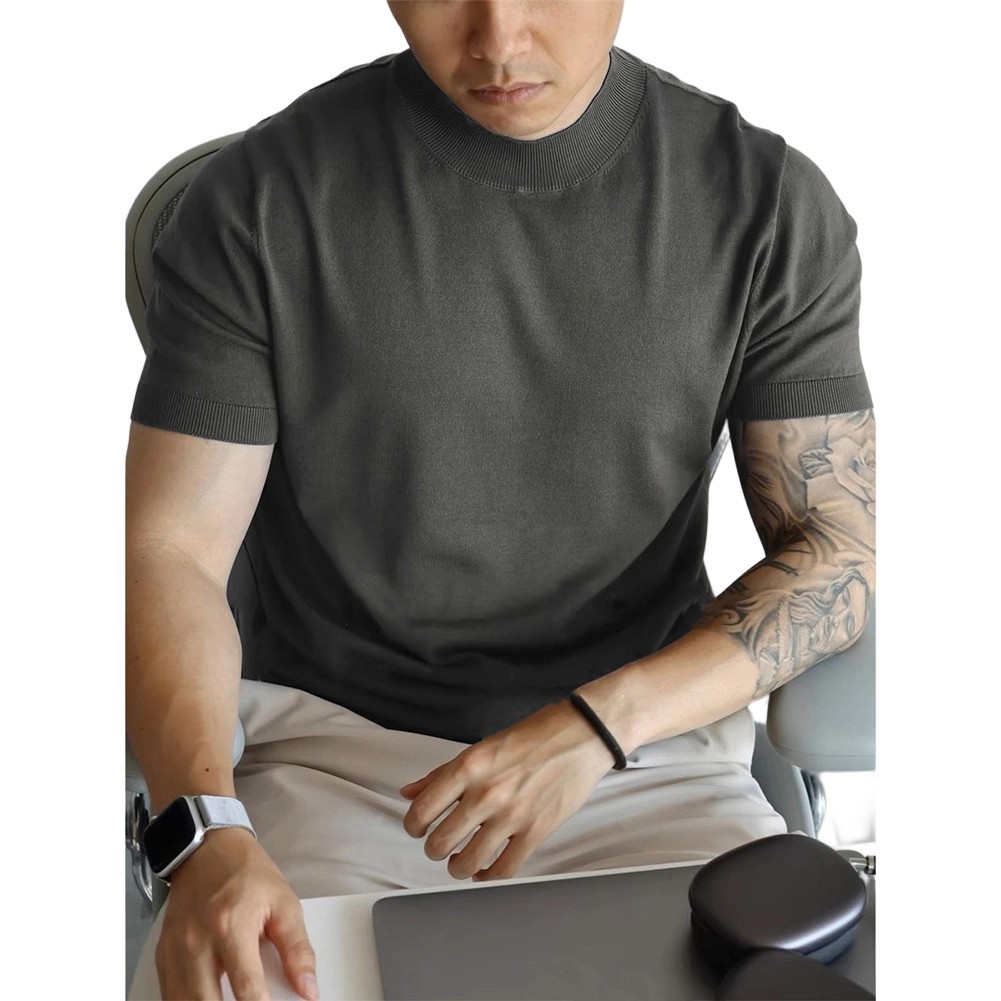 Mens Knitted Half-High Collar Short Sleeve T-Shirt Casual Slim Knit Pullover Top