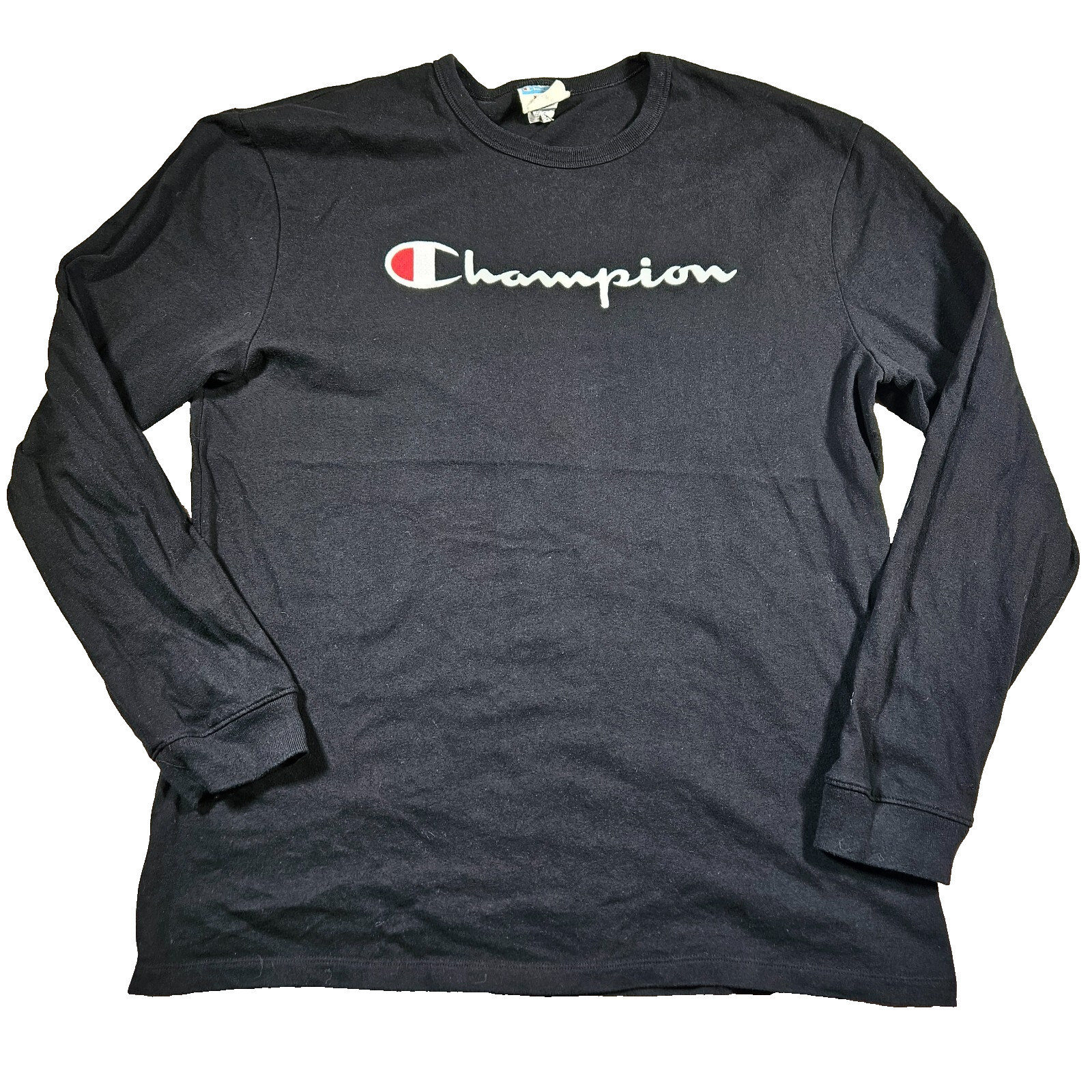 Champion Mens Black XL Cotton Long Sleeve T Shirt Top Embroidered Logo Crew Neck