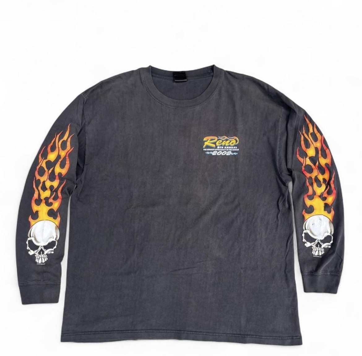 Vintage Faded 2002 Reno Biker Skull Flame Sleeve Men’s Shirt Size XL