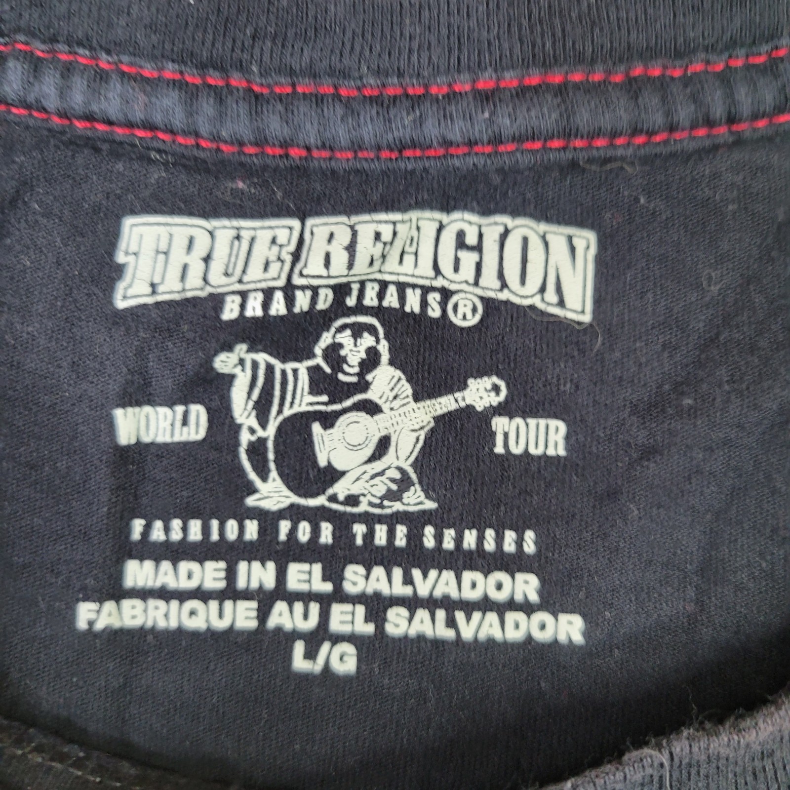 True Religion World Tour T Shirt Mens L Black Short Sleeve Blue Logo Spellout