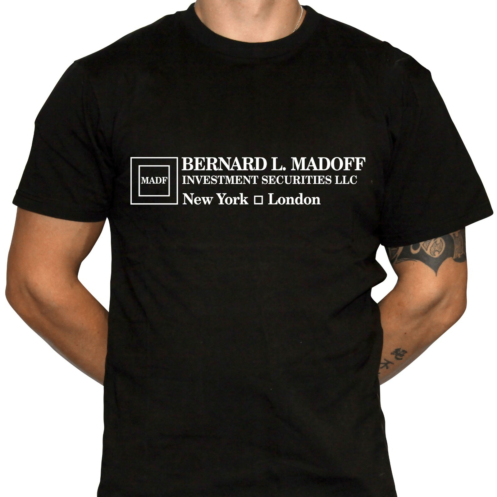 BERNIE MADOFF INVESTMENTS Black T-Shirt – Defunct Investment Firm – 100% Cotton
