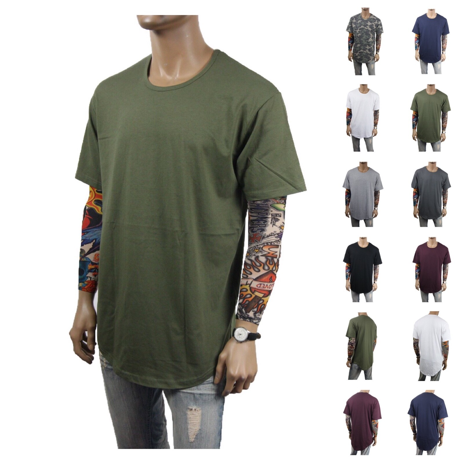 New Mens T-Shirt Long Extended Fashion Lightweight Tee Casual Hipster Crew Neck