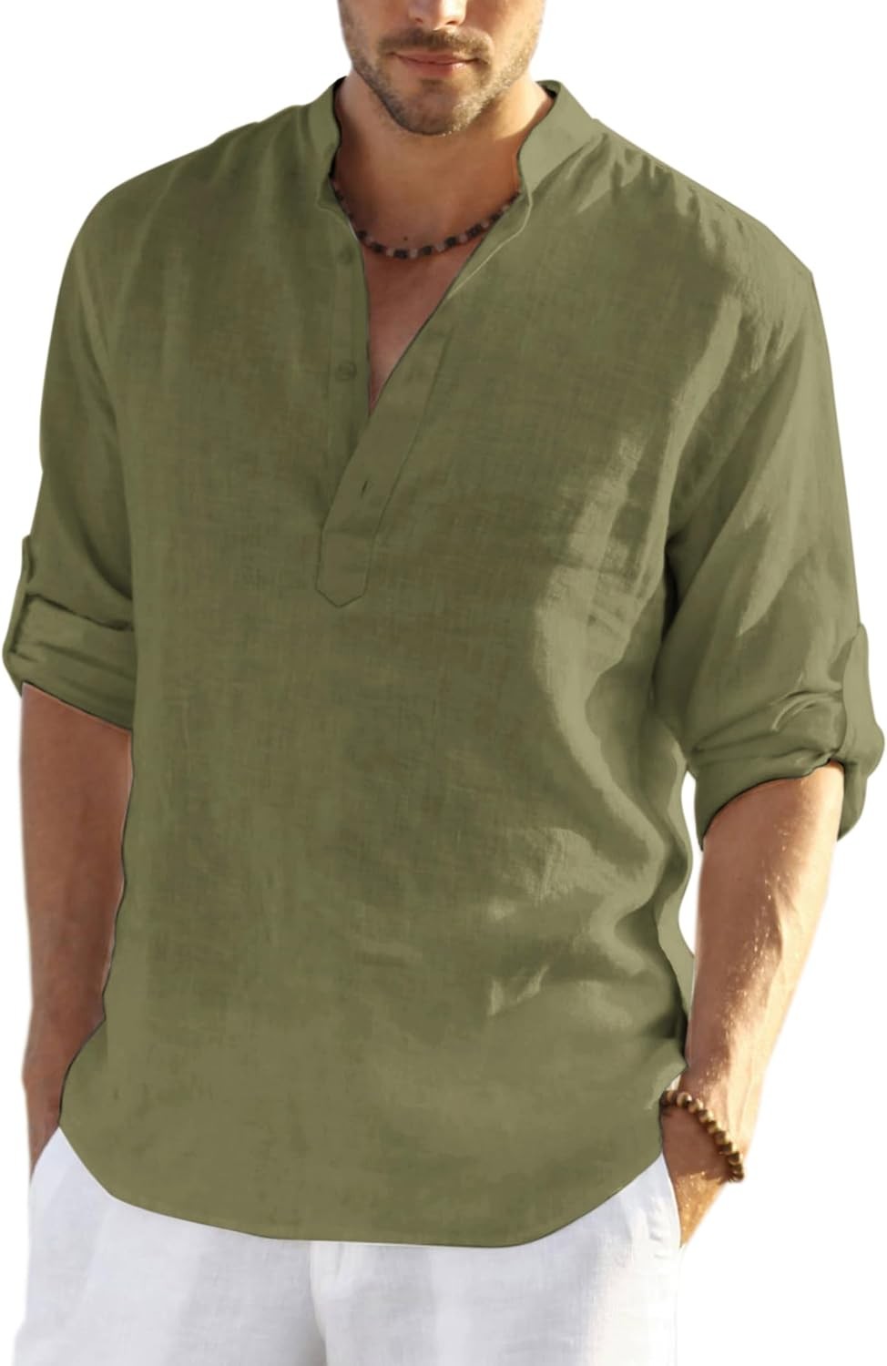 Men’s Shirt Long Sleeve Army Green Relaxed Fit Summer Cotton,Linen Lightweight