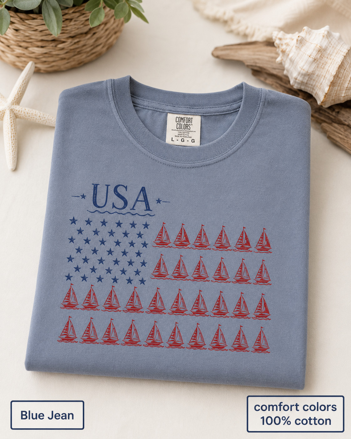 USA Sailboat Flag Comfort Colors Tee, Patriotic Coastal Fourth of July Shirt