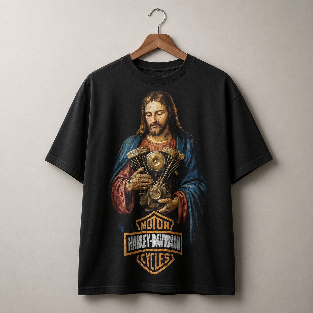 Vintage Jesus Motorcycle Engine Graphic Garment Dyed T-Shirt Distressed Biker Te