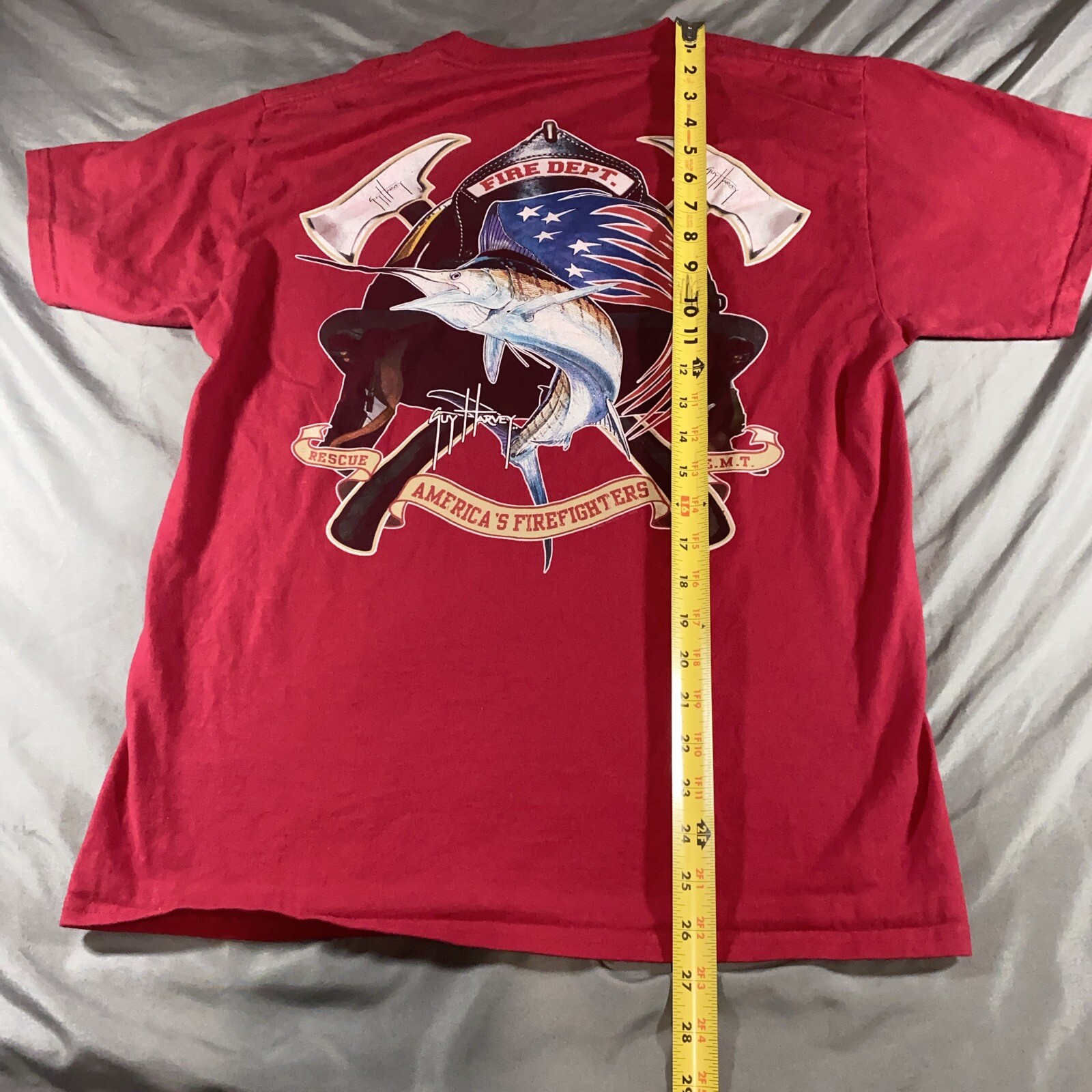 Guy Harvey BlueWater Firefighter Fire Department Swordfish Pocket T Shirt Size M