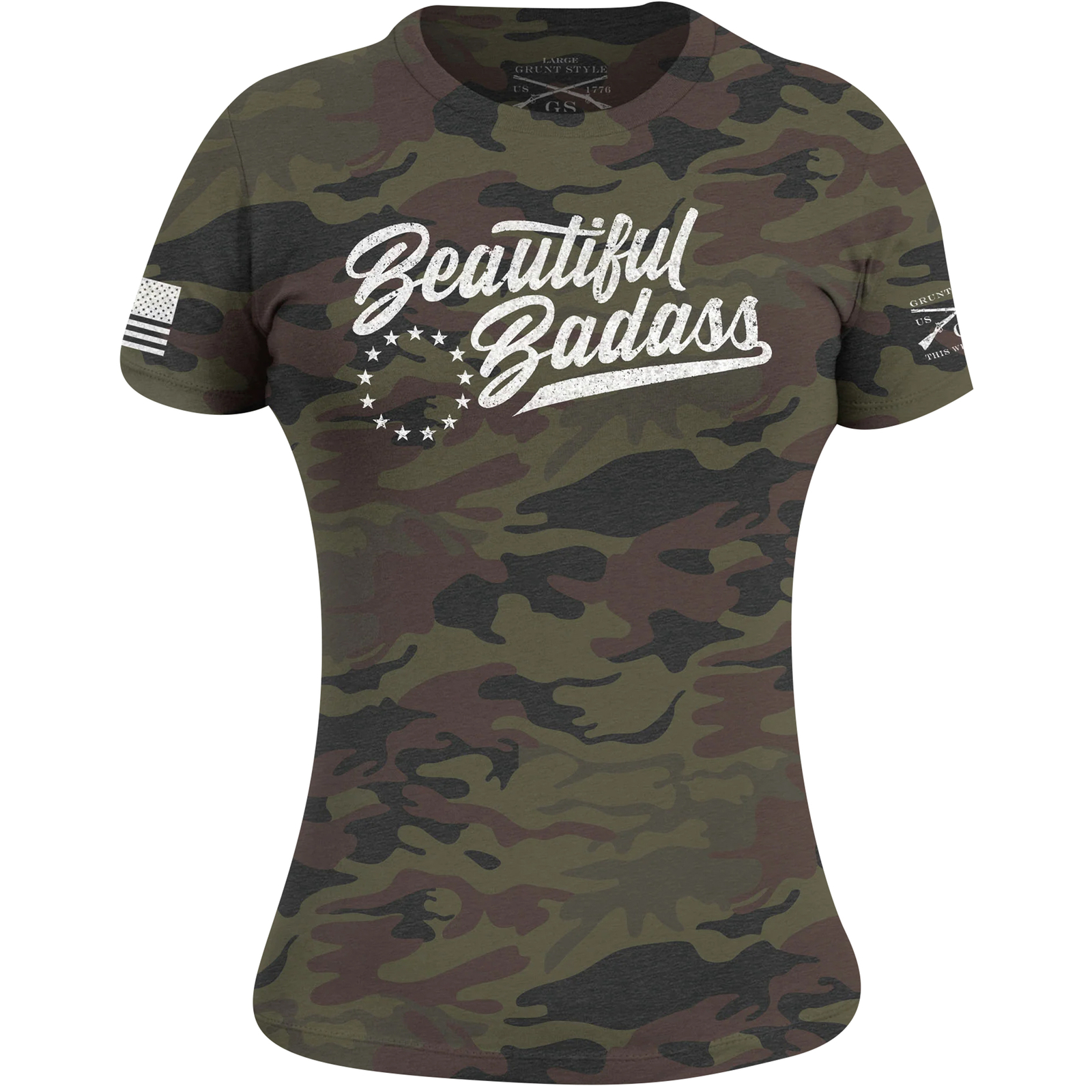 Grunt Style Women’s Beautiful Badass T-Shirt – Woodland Camo