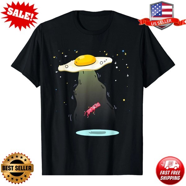 Funny UFO & Bacon Graphic T-Shirt for Men – Black Cotton T-Shirt S-5XL