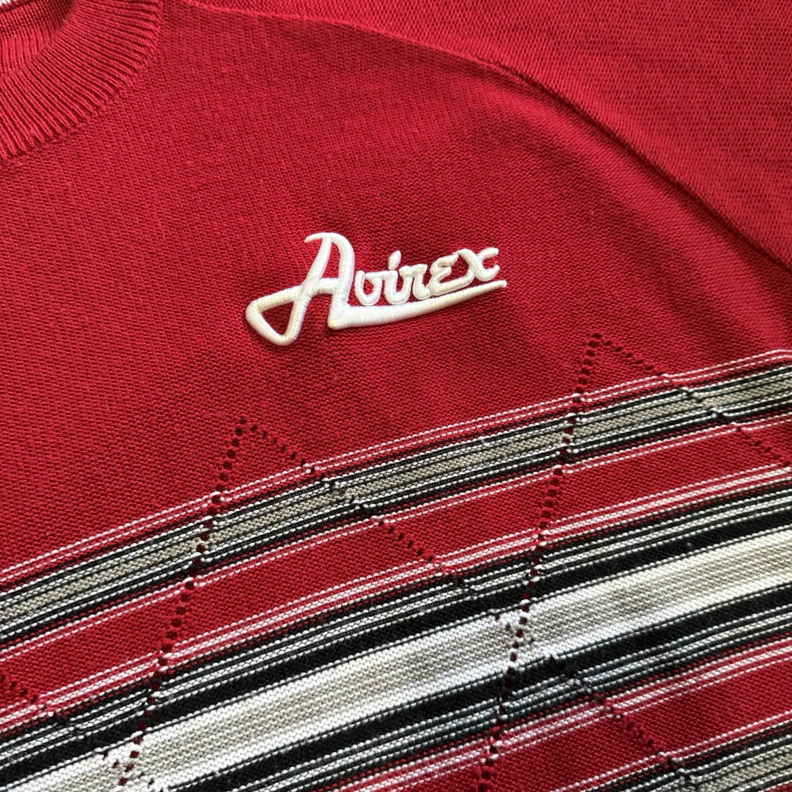 Avirex LTD Red Argyle Stripe Acrylic Knit Shirt Large Y2K Hip Hop Streetwear