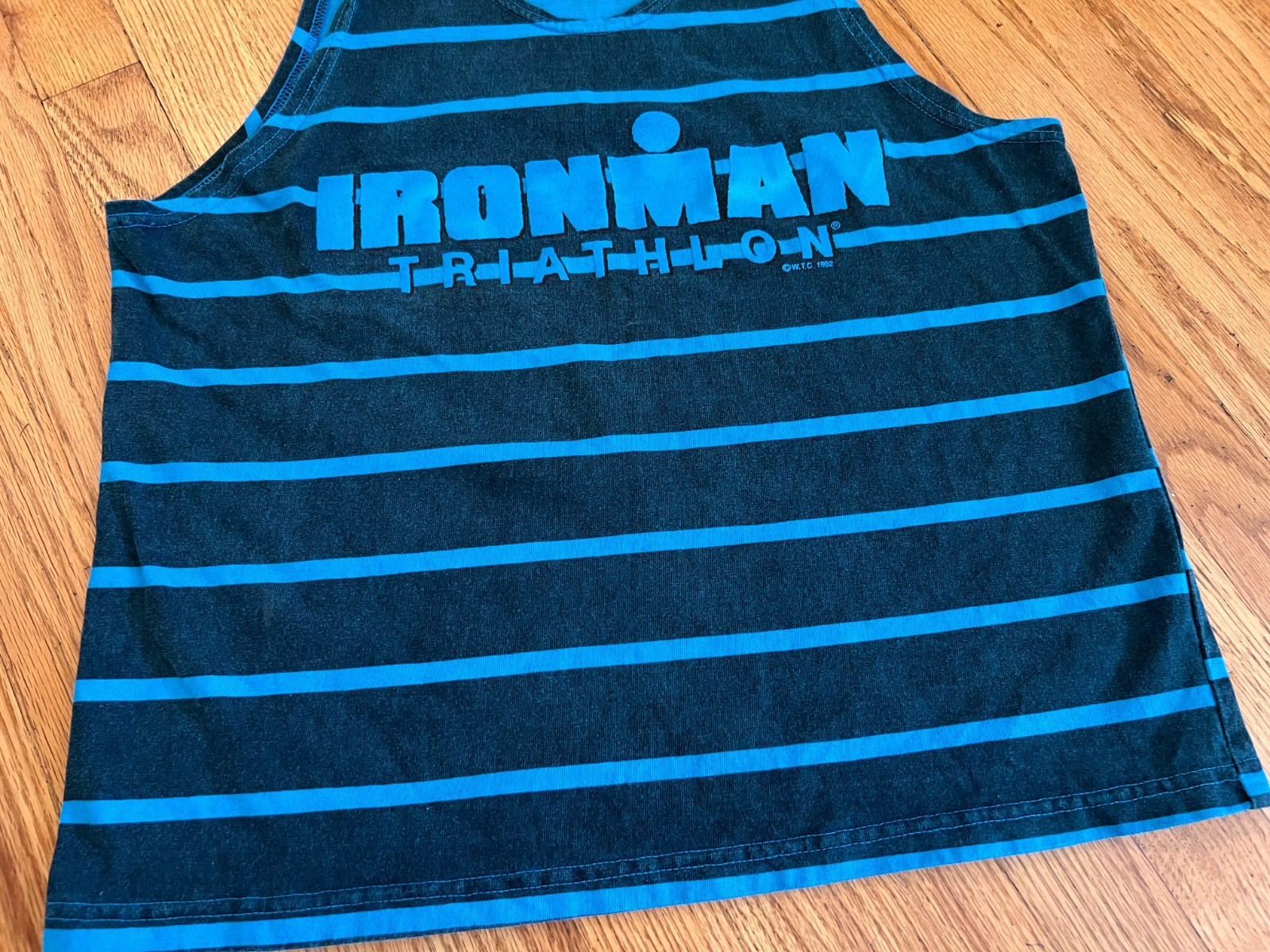 VTG 90s Ironman Triathlon Blue Striped Muscle Tank Top Shirt Medium Bodybuilding