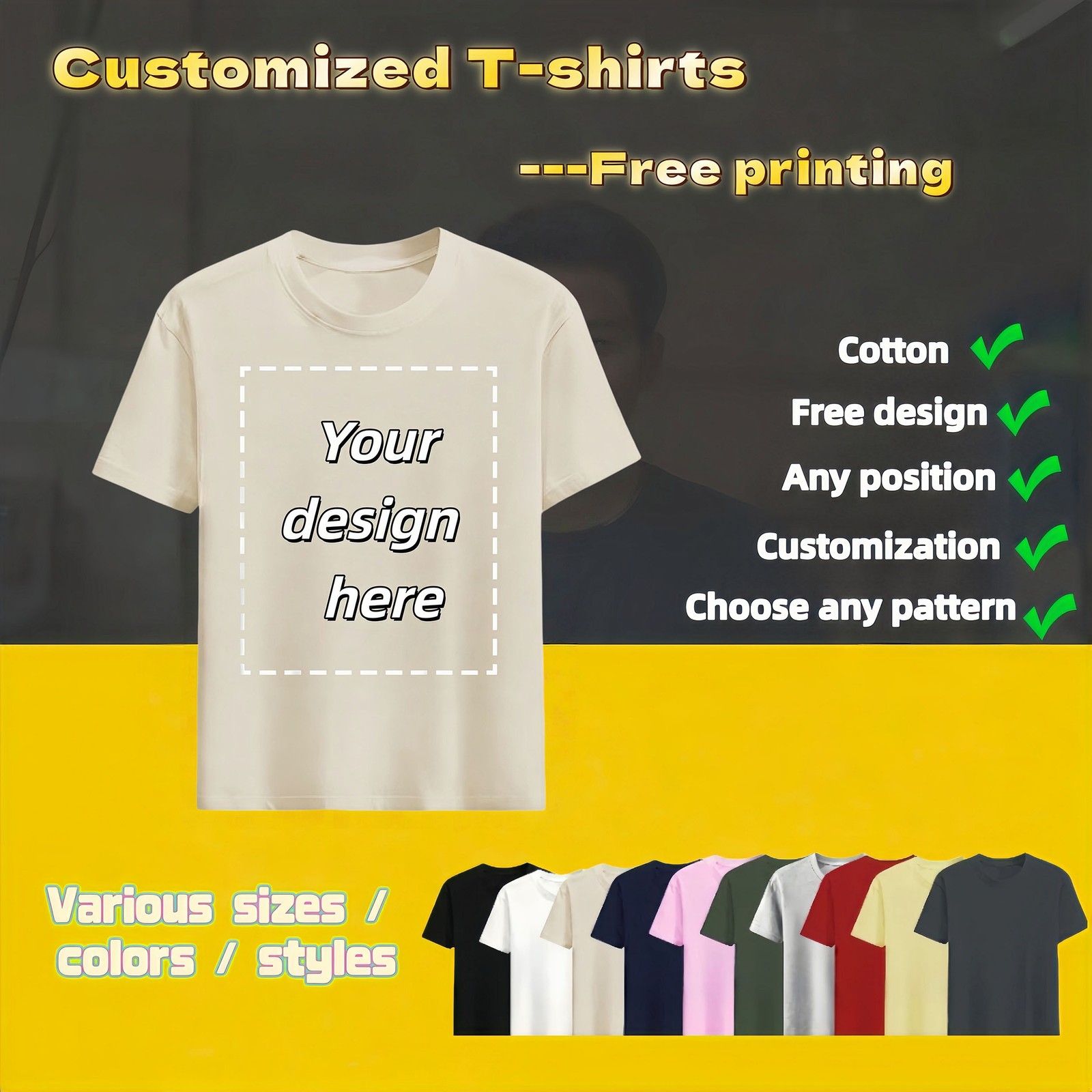 Personalized T-shirts, customizable with your text,photos or logo made of cotton