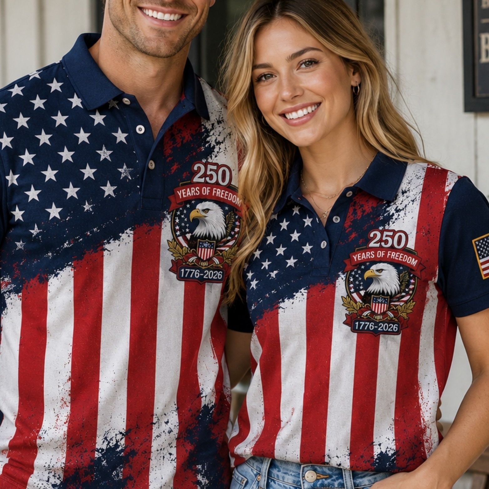 American Flag Eagle Golf Polo, USA 250 Years Freedom 1776-2026 Patriot (S-5XL)