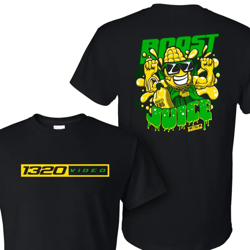 1320 Video Boost Juice Corn Graphic T-Shirt USA � E85 Ethanol Racing Fuel Humor