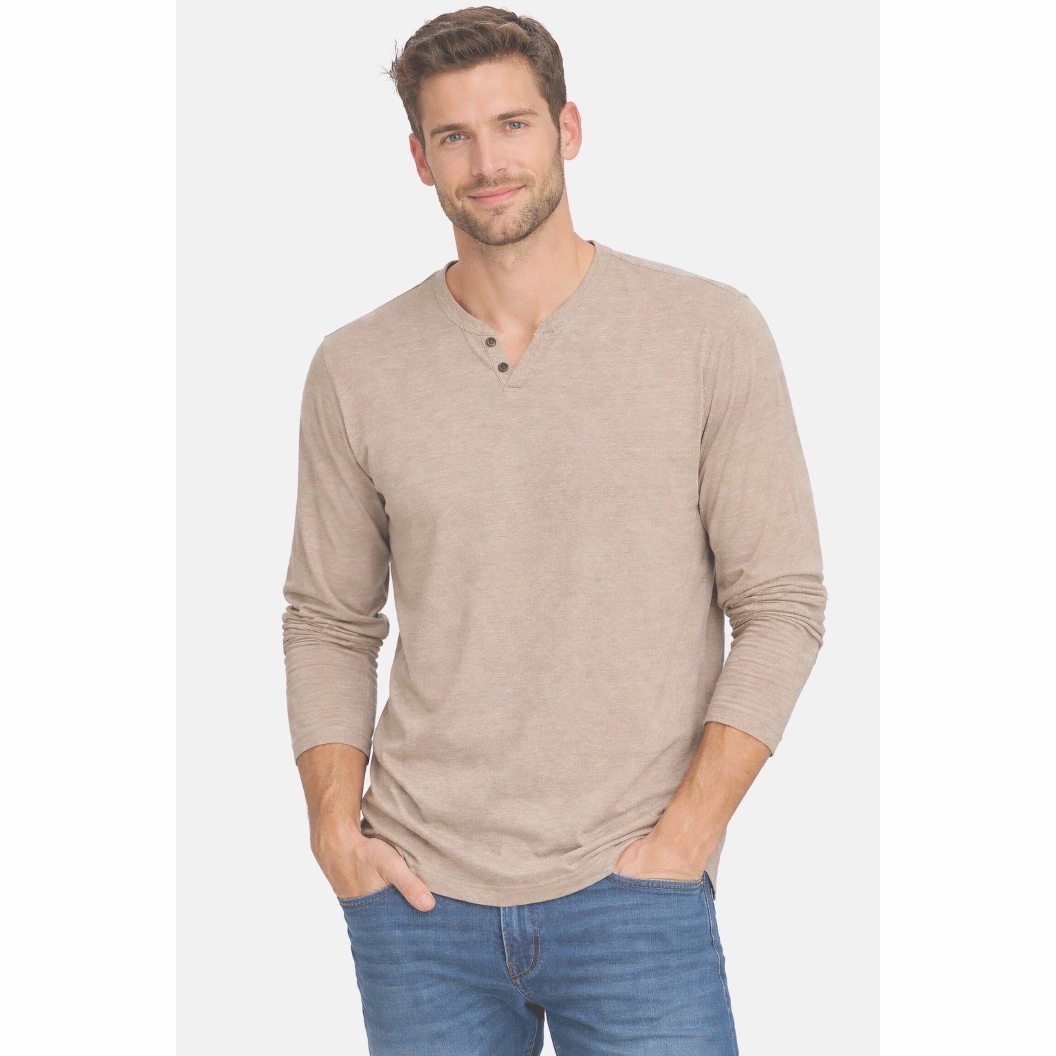 TRUE CRAFT Mens Tan Long Sleeve Henley Shirt Size XL Normcore Minimalism 100-40