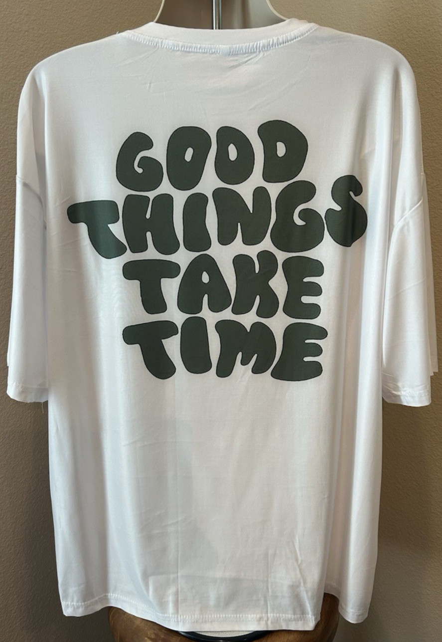 Brooklyn Vertical Men’s XL White Gym T-Shirt Good Things Take Time