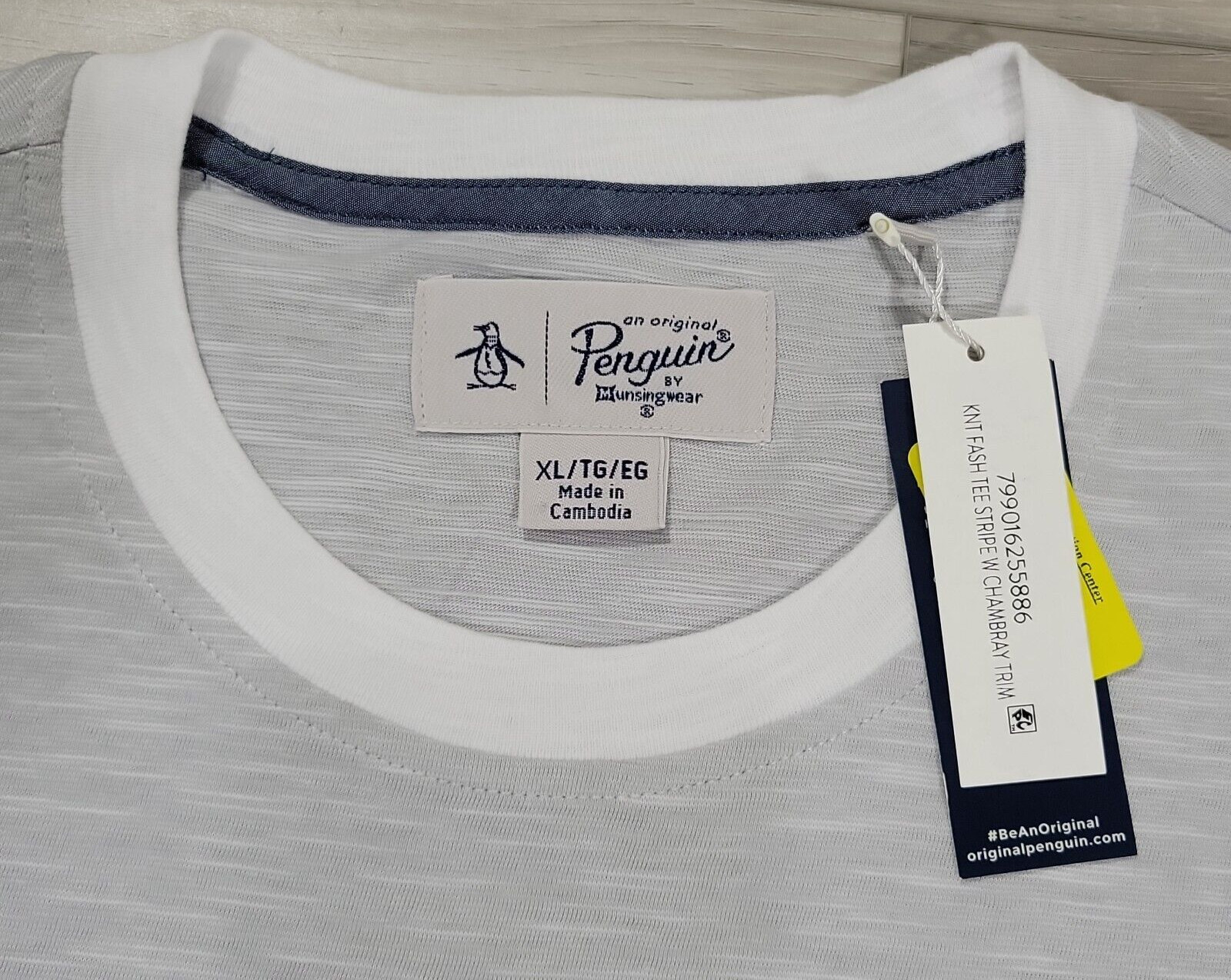 Penguin Knit Tee Mens XL Light Gray Stripe Chambray New