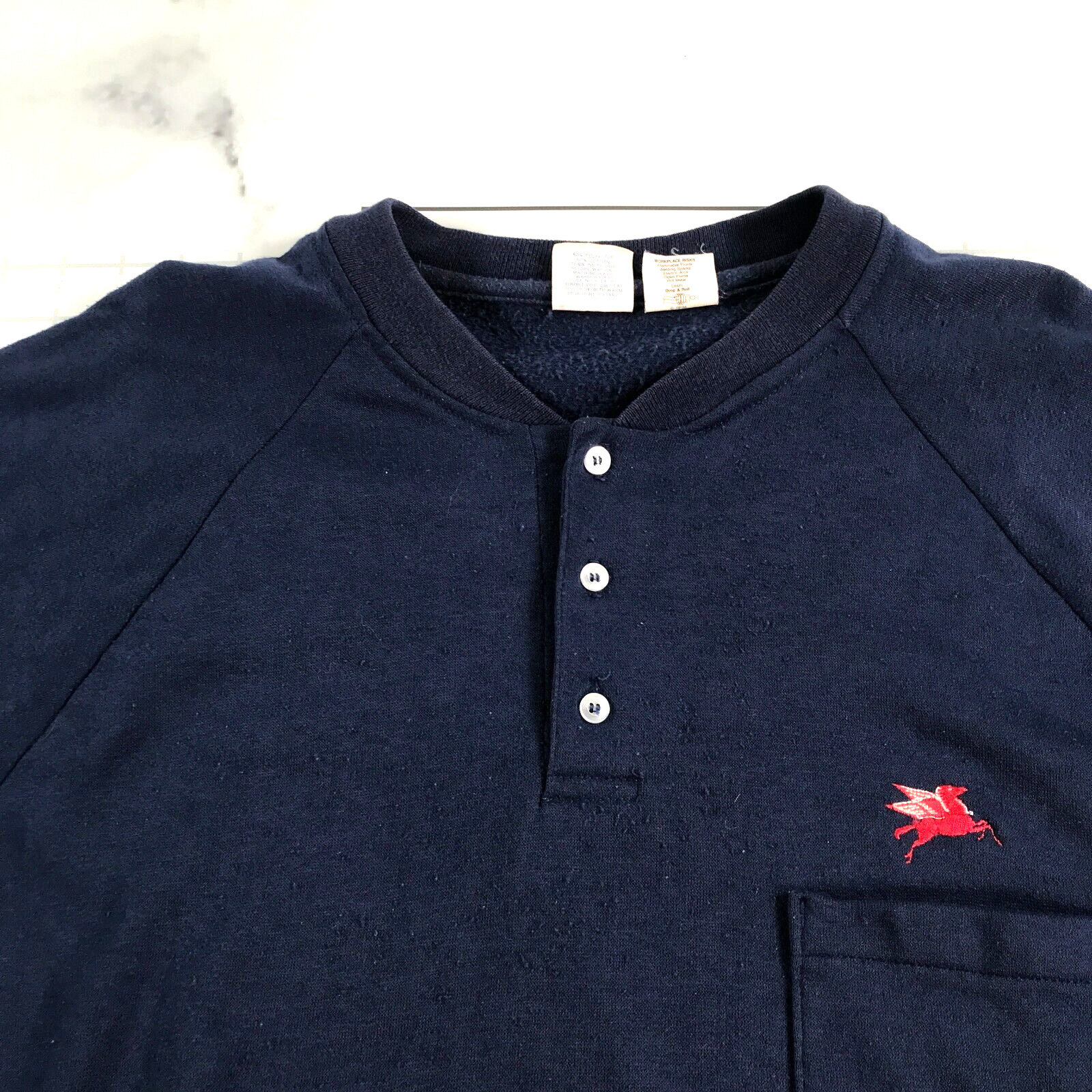 Vintage Mobil Gas Henley Shirt Mens Extra Large Navy Blue Red Logo Made In USA