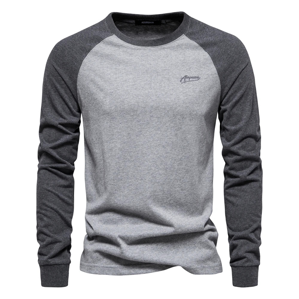Men’s T-shirts 100% Cotton Long Sleeve O-neck Pactwork Casual T Shirt