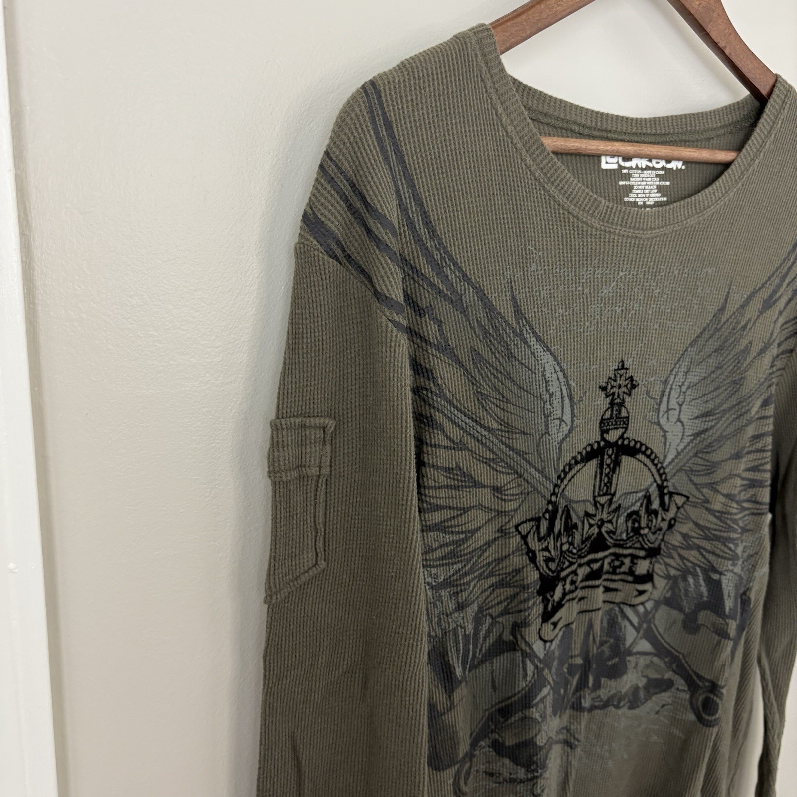 Carbon Men’s XL Y2K Winged Up Long-Sleeve Thermal Shirt Green Grunge Skater Punk