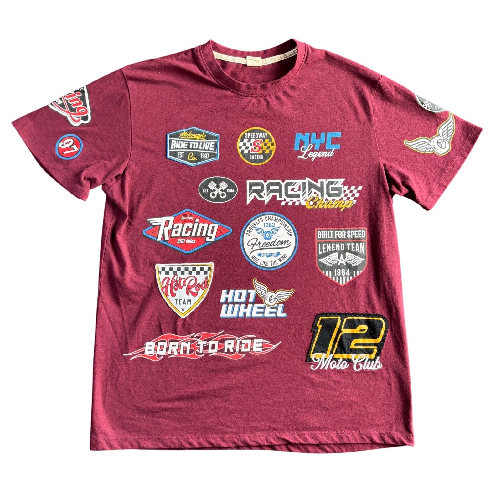 Recycled Threads Mens Racing Graphic T-Shirt Maroon Moto Patchwork Size L