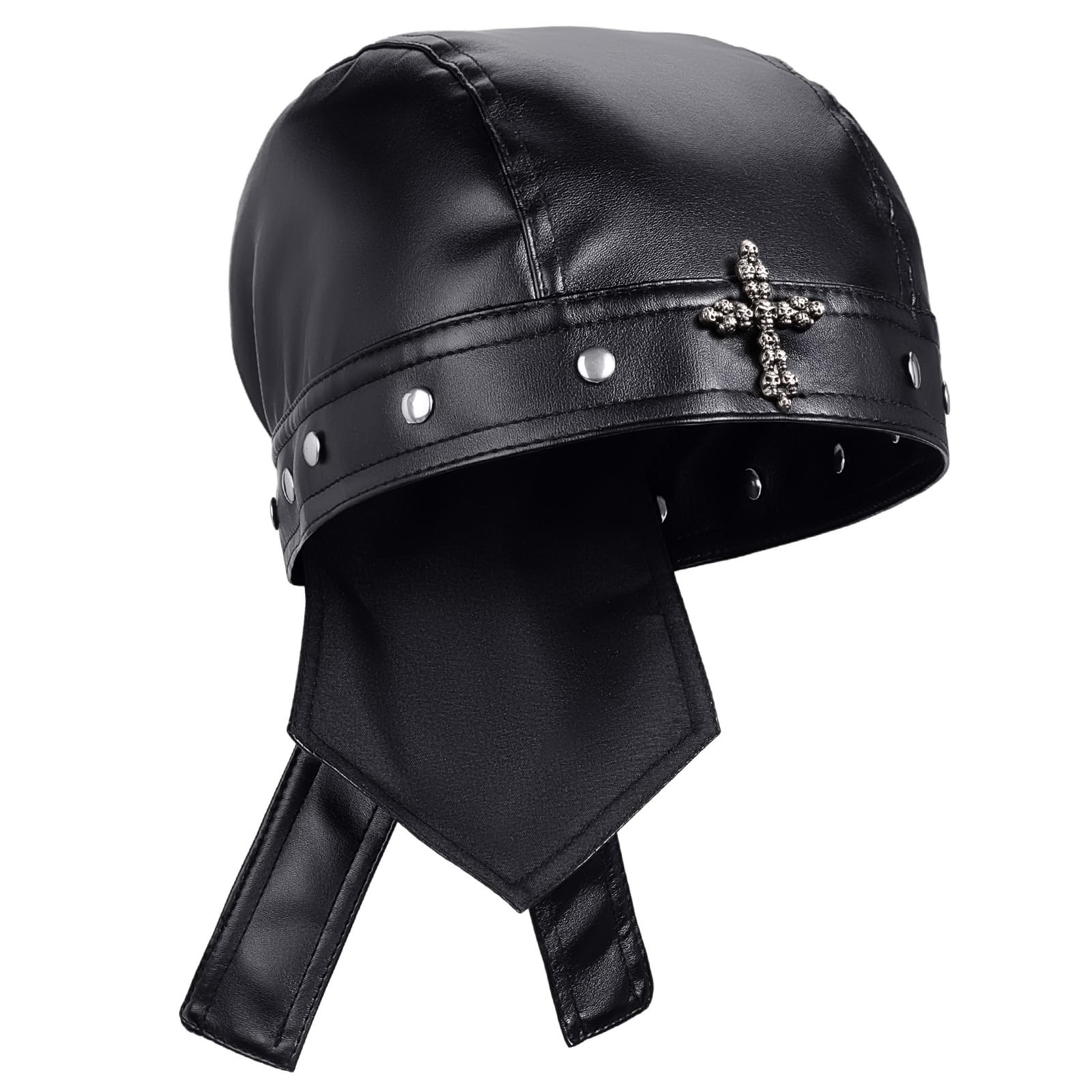 PU Leather Biker Cap with Metal Cross, Classic Fashion Leather Biker Hat Unis…