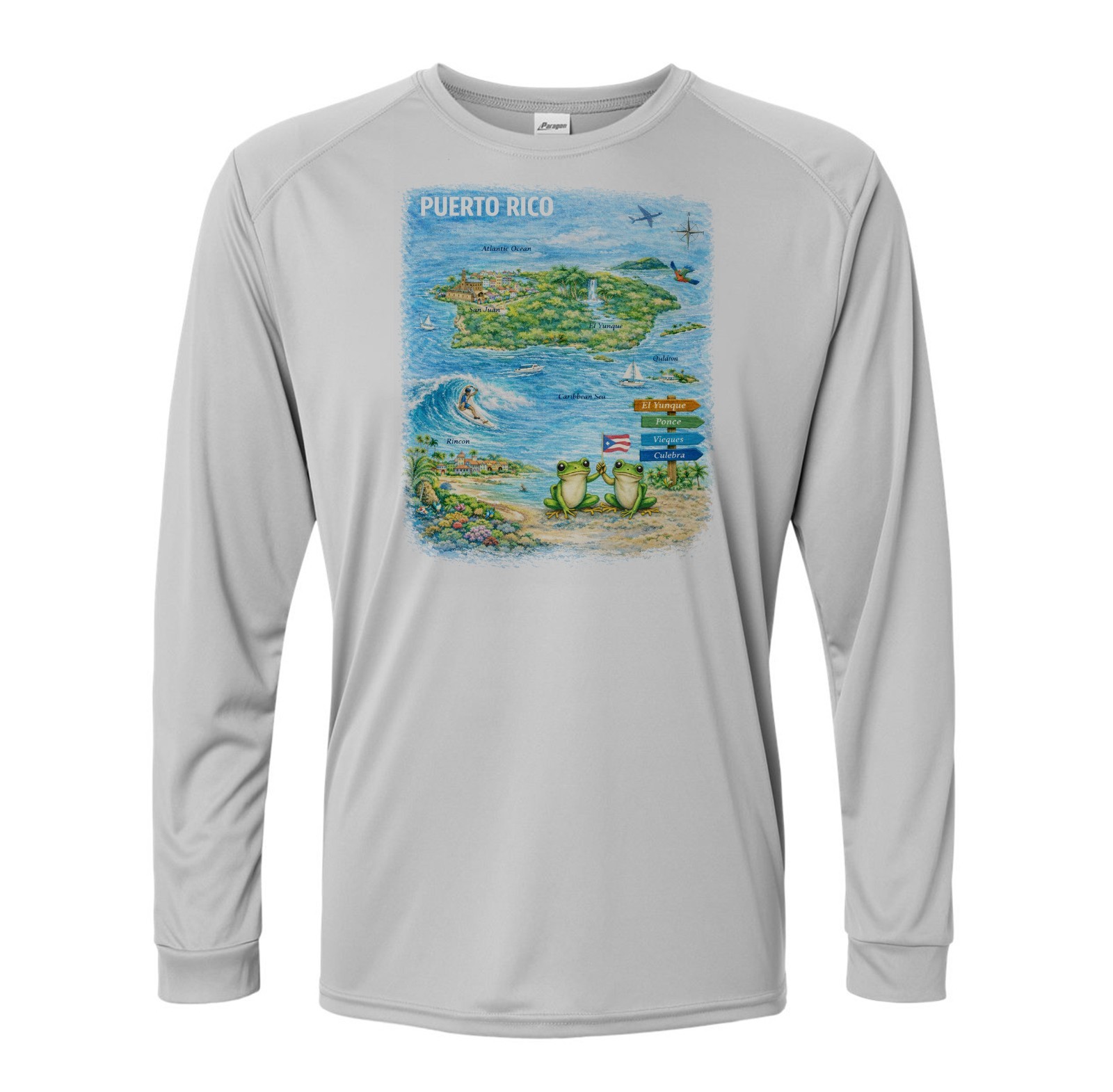 Map of Puerto Rico Fishing Boat Sport Long Sleeve UPF 50 T-Shirt UV Protection