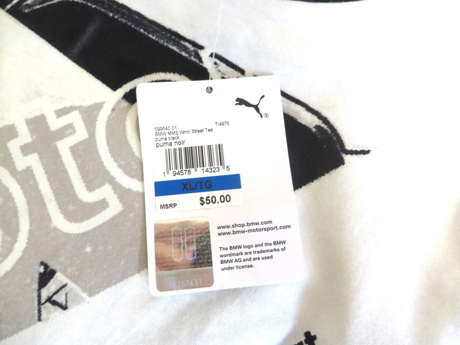 NWT Puma BMW Motorsport MMS WMN Street tee Men’s T Shirt White Black Sz: XL/TG