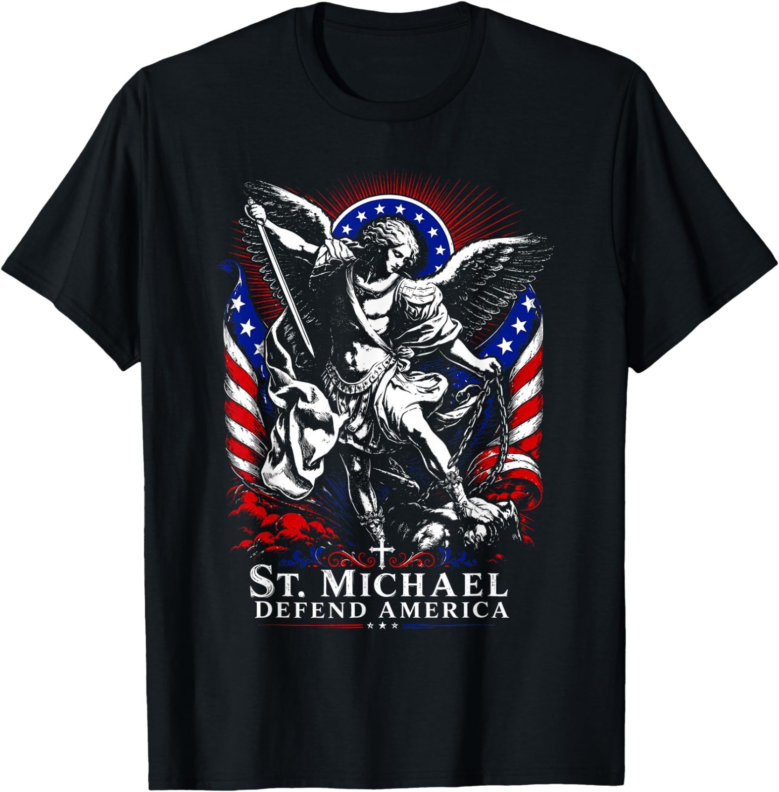 St. Michael Defend America Archangel Patriot USA Flag T-Shirt