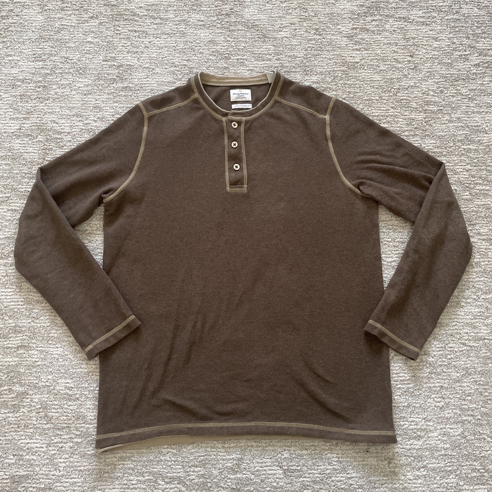 Tommy Bahama Jeans Shirt Mens Medium Brown Henley Island Modern Fit Long Sleeve