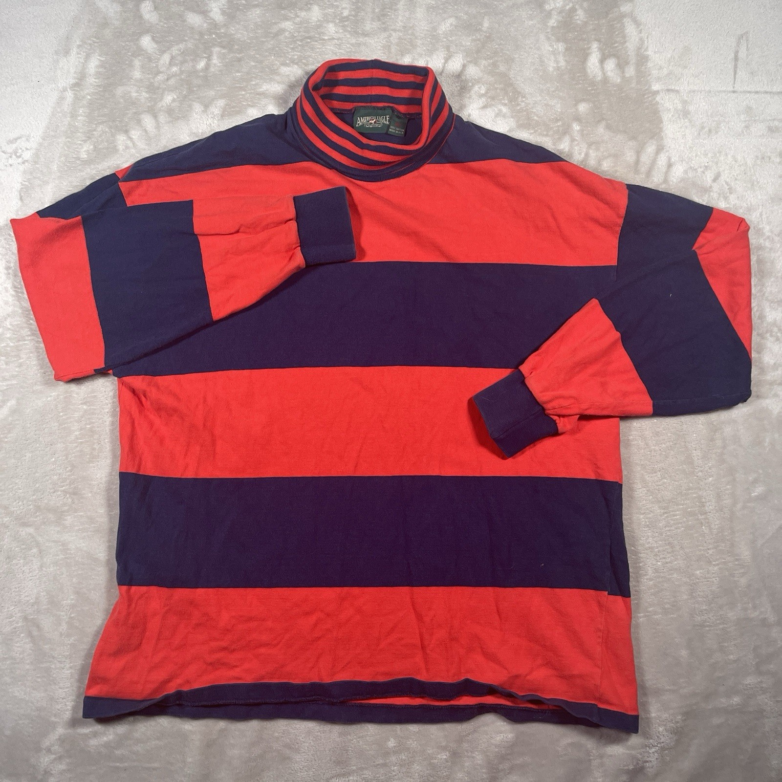VINTAGE 80s American Eagle Long Sleeve Rugby Red/Blue Striped Turtleneck Mens XL