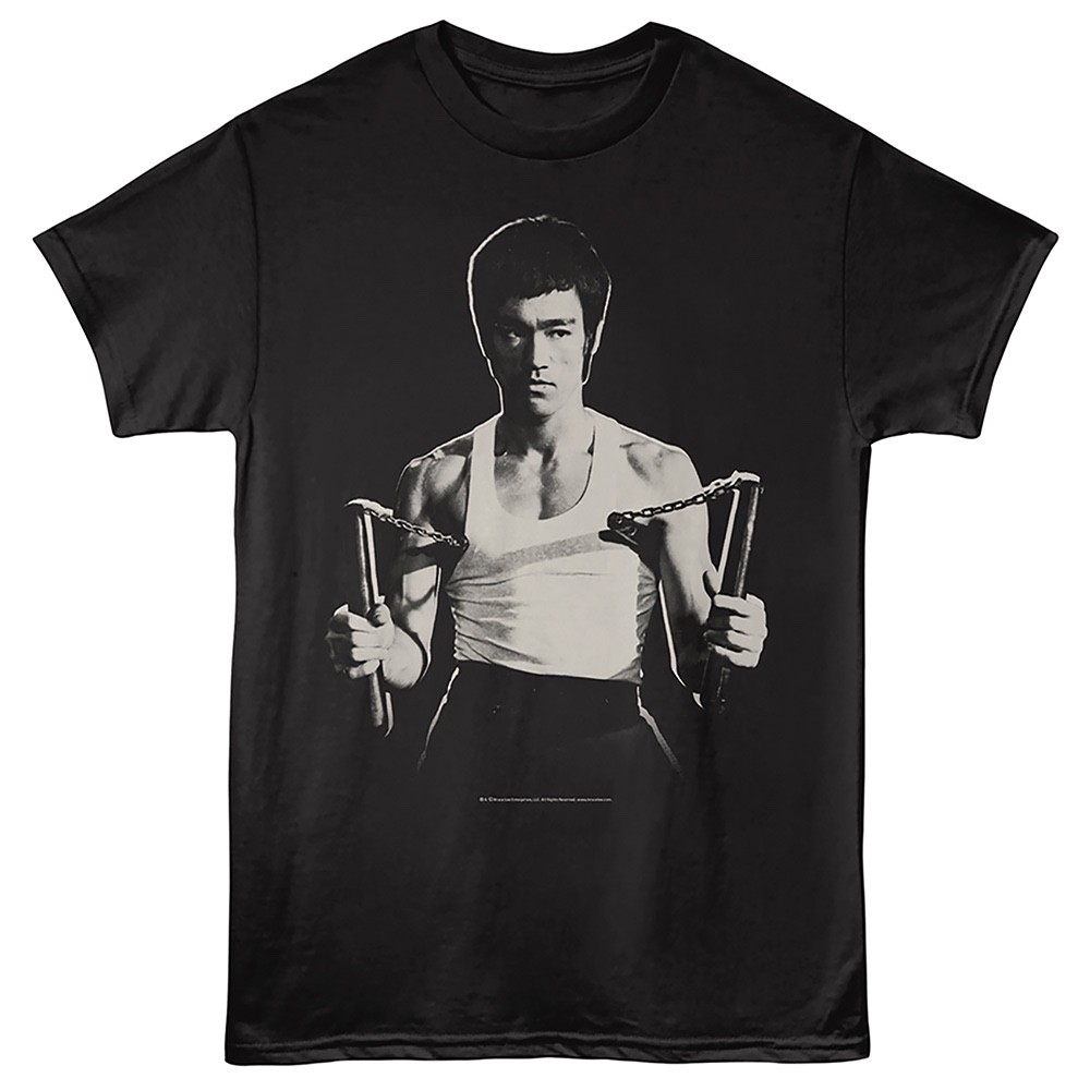 Bruce Lee Mens T-Shirt DUAL NUNCHUCKS Martial Arts New Licensed Black Cotton