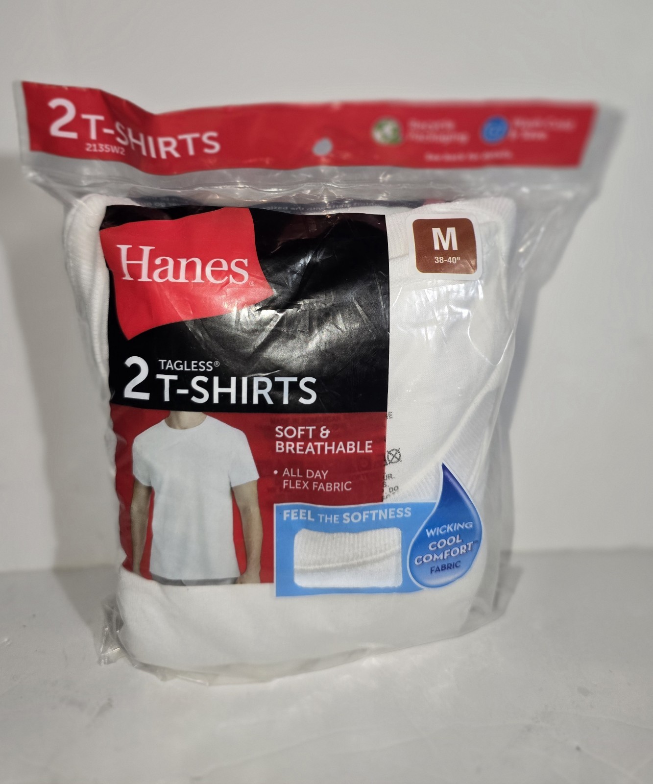 Hanes Mens Tagless T-Shirts Medium 38-40 2 Pk White Moisture Wicking Long Length