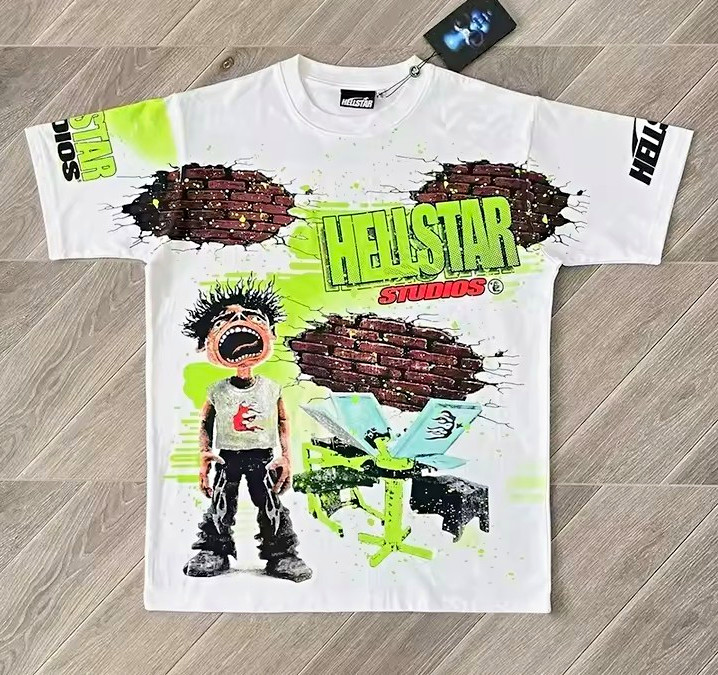 Hellstar Men’s L White/Green Graphic Print Crew Neck Short Sleeve Tee