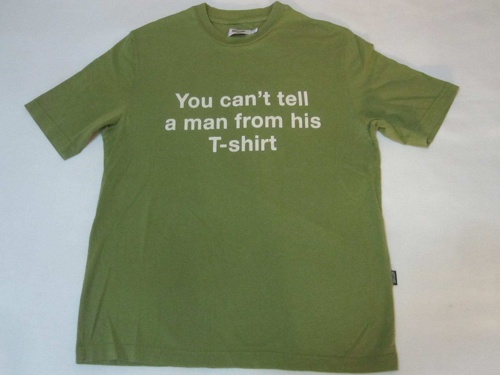 Vintage Moschino Jeans Graphic Quote Print Slogan T-Shirt (Olive Green | S)