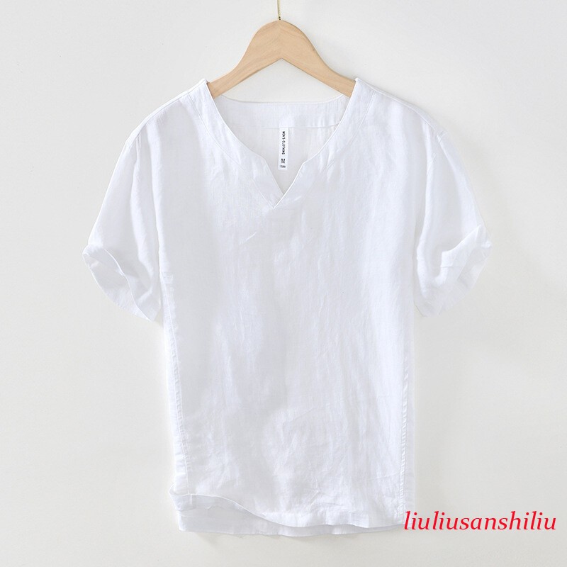 Men 100% Linen T-shirt V Neck Summer Short Sleeves Retro Tops Casual Undershirt