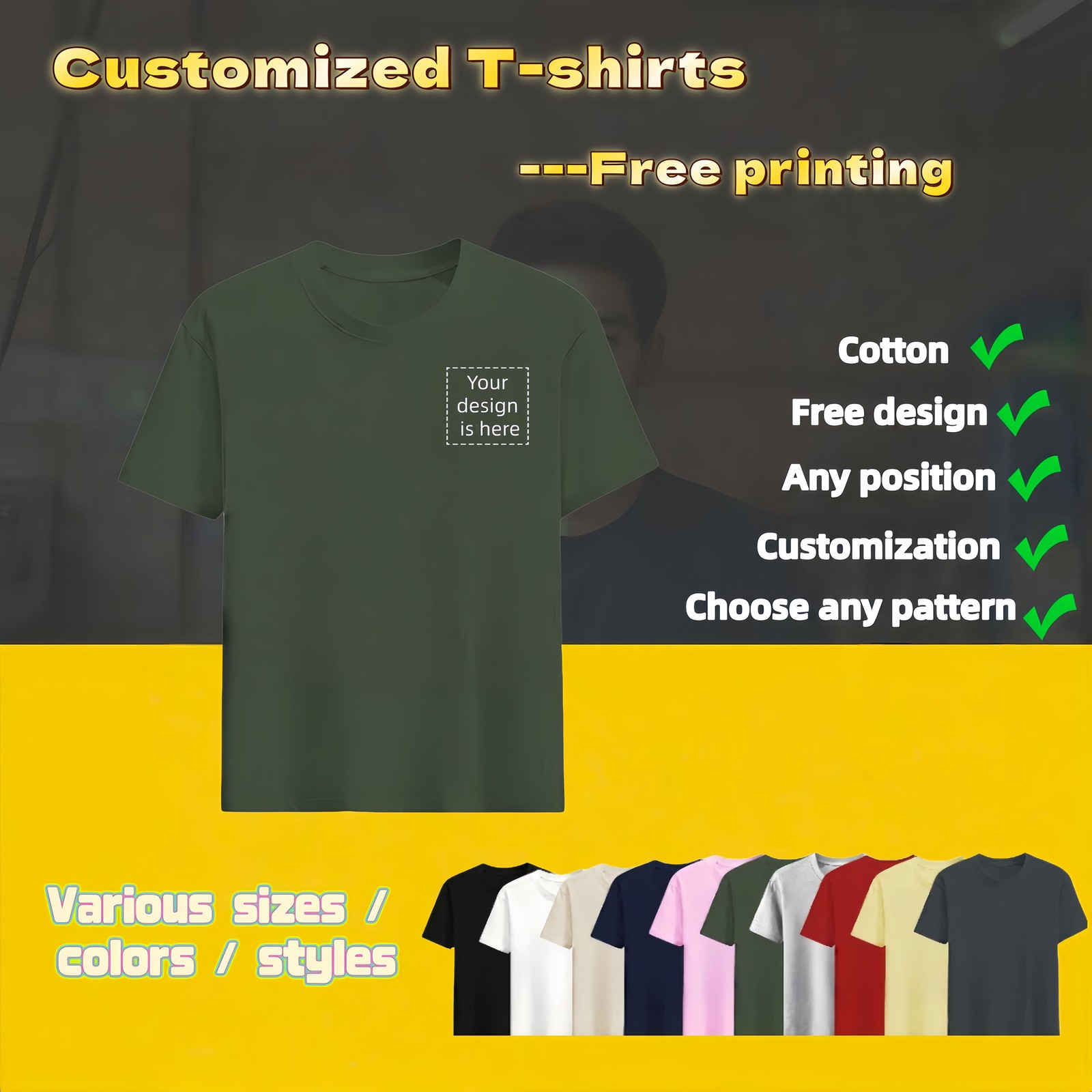 Personalized T-shirts, customizable with your text,photos or logo made of cotton