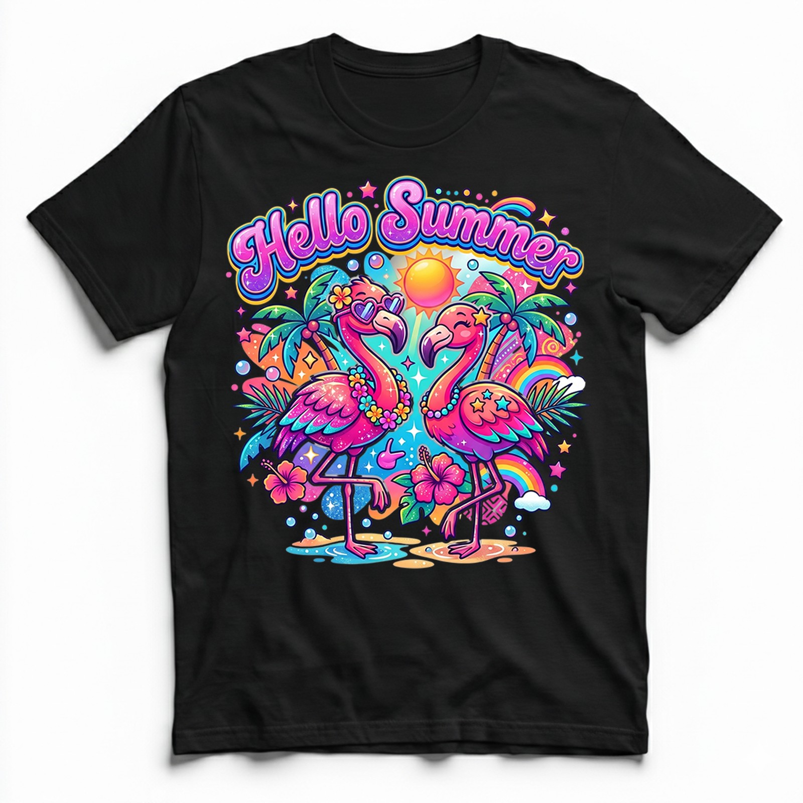 Hello Summer Tropical Flamingo T-Shirt Retro Neon Beach Vacation Holiday Tee